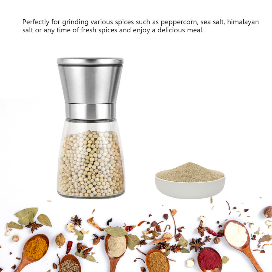 180ml Stainless Steel Salt and Pepper Grinder Ceramic Rotor Lead-free Glass Fine to Coarse Adjustable